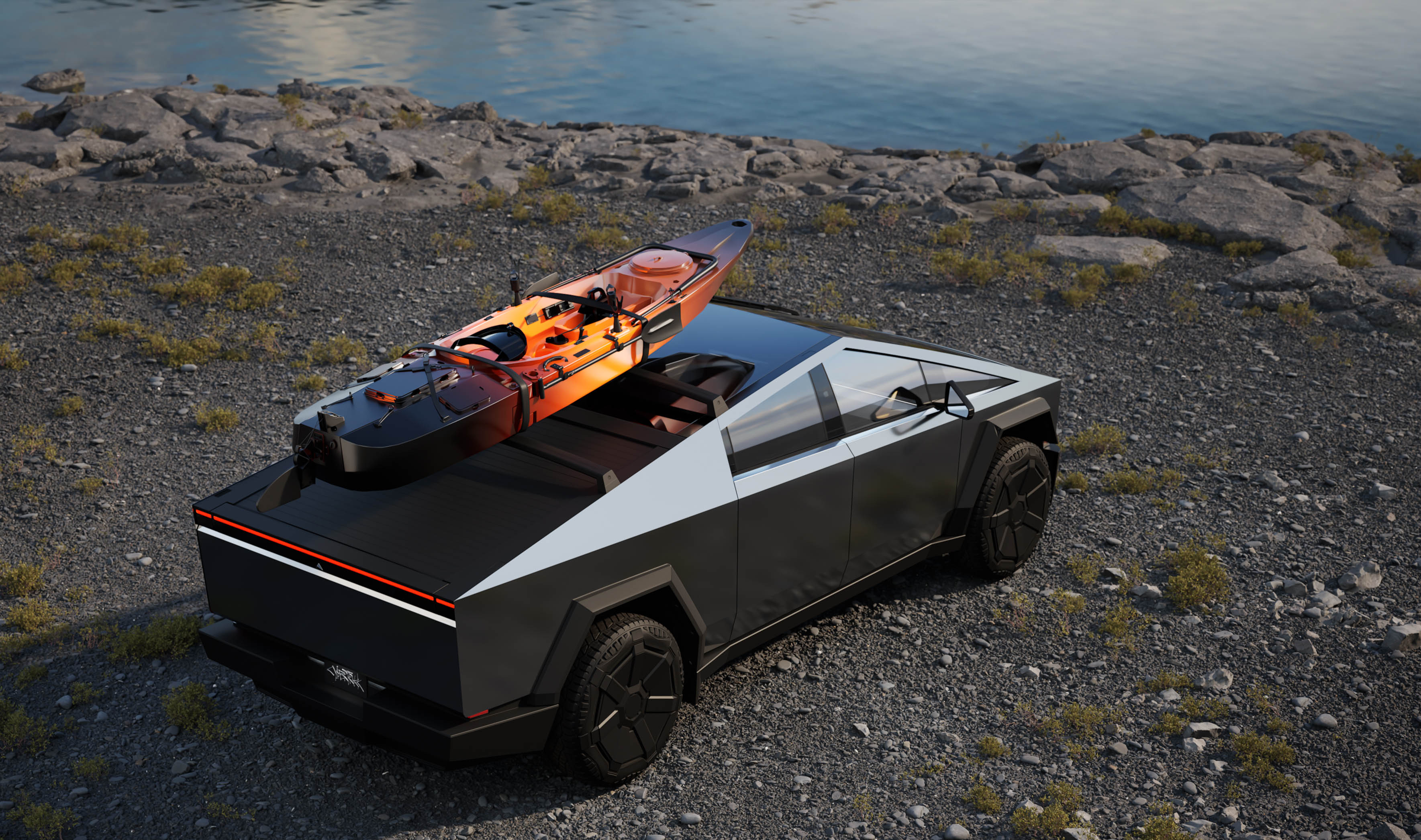 A cybertruck in a camp